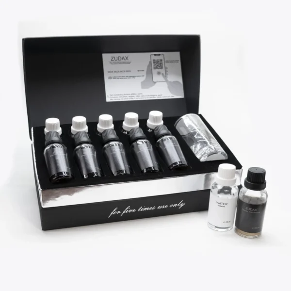 Zudax Comfort Series — open five-use box with bottles and glass